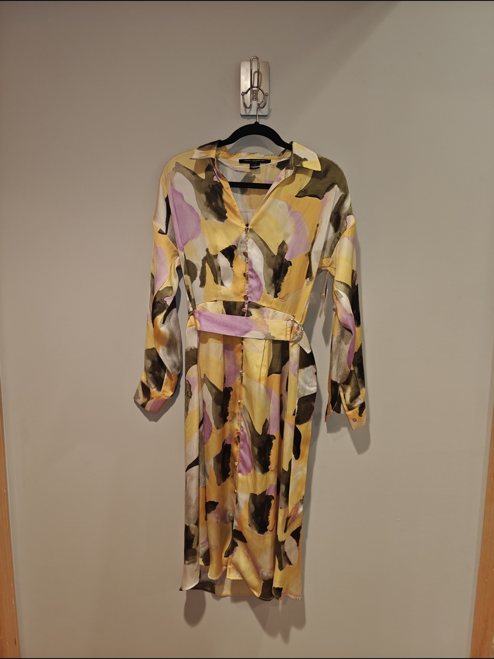 French Connection Women's Yellow & Pink Abstract Shirt Dress with Belt